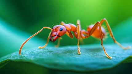 Close-up of a single ant crawling on a leaf, showcasing its detailed legs, antennae, and body structure against a clean background