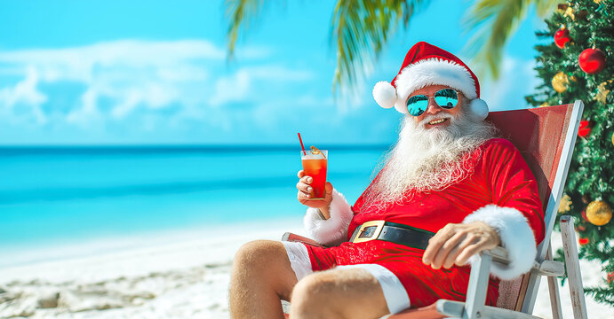 Santa Claus sits in a beach chair on a tropical beach, holding a cocktail and relaxing under the warm sun. The concept highlights celebrating Christmas in Holiday. Generative AI. 