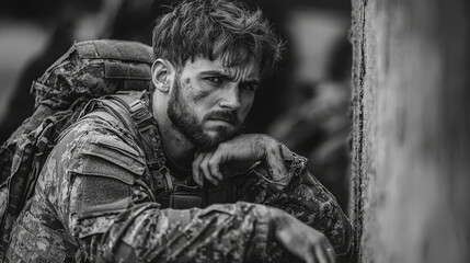 A young soldier in camouflage gear rests his chin on his hand as he looks out of frame.