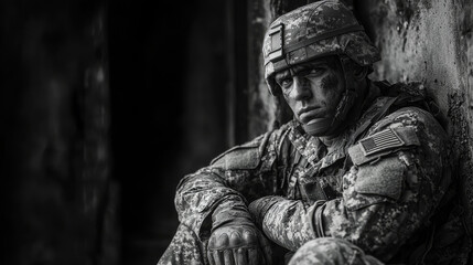 A young soldier in camouflage sits in a dark and gritty environment.