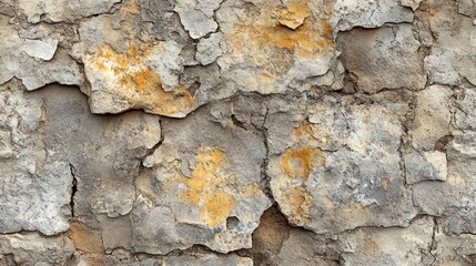 Fototapeta premium Close-up of a weathered and cracked concrete wall with patches of yellow paint