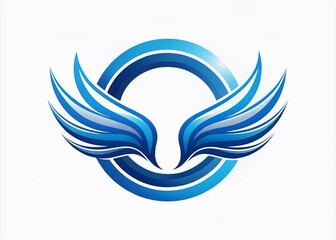 Obraz premium Vibrant blue and white swoosh emblem with curved symmetrical wings, forming a dynamic circular shape, conveying