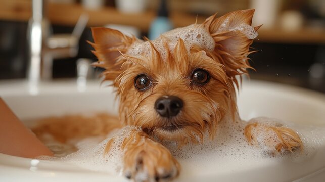 A dog enjoying a bubble bath in a sink.
