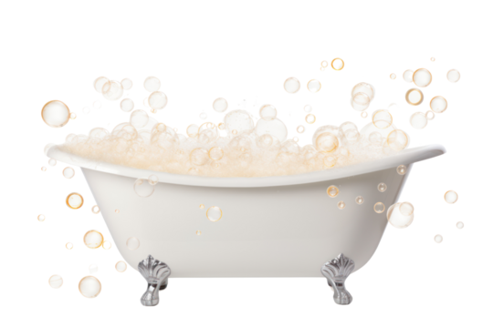Bathtub with bubbles, warm and nice to soak in, on a white background