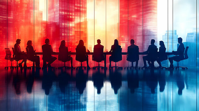 Silhouette of a business meeting with a cityscape backdrop in vibrant colors. - Powered by Adobe
