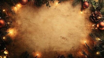 An old parchment paper frame with soft, faded edges, decorated with delicate Christmas lights and ornaments, leaving ample space for holiday copy or designs.