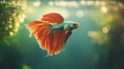 Close-up of a vibrant Betta fish with flowing fins and bright colors, swimming gracefully in a clear, well-lit aquarium with a natural background