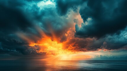 Fototapeta premium A dramatic sky at dawn with a burst of colors and rays of sunlight breaking through the dark, stormy clouds.