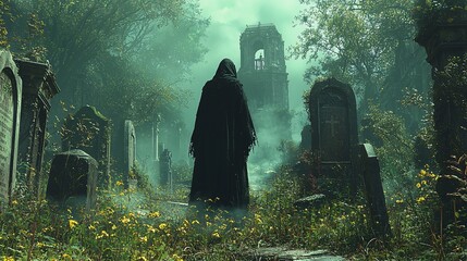 A spectral figure walking through an ancient, forgotten cemetery with overgrown tombstones.