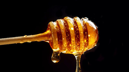 Golden honey dripping from a wooden dipper against a dark background, highlighting the rich, natural sweetness and viscous texture of pure honey
