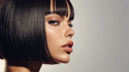 Fototapeta premium Close-up of a woman with a chic bob haircut, emphasizing the sleek, well-maintained ends and the overall stylish look against a clean background.