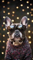 French bulldog wearing sunglasses against bokeh lights, portrait. Fashionable pet and holiday celebration concept
