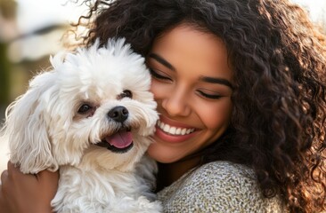 A young woman is happily hugging her dog outdoors, both appearing joyful and close. The natural lighting and warmth of the moment highlight their strong bond and affection.