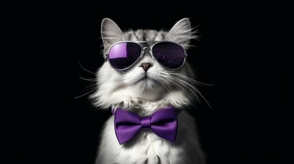 Cat Wearing Sunglasses and Purple Bow Tie Against Black Background, Stylish Pet Portrait Illustration. Generative ai