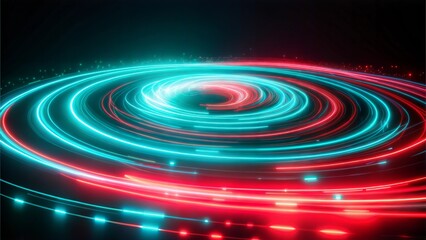 Obraz premium Dynamic swirling light trails in red and turquoise on a dark background for modern digital art 