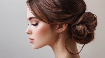 Fototapeta premium Close-up of a woman with a stunning, classic chignon hairstyle, featuring neatly arranged hair and a refined, elegant appearance.