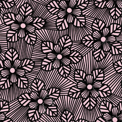 A repeating floral pattern featuring stylized flowers and leaves in soft pink on a dark background.