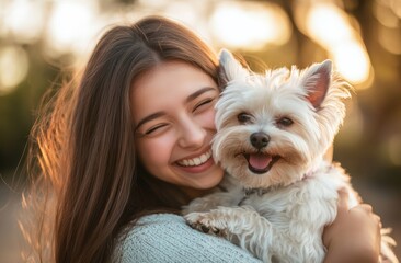 A young woman is happily hugging her dog outdoors, both appearing joyful and close. The natural lighting and warmth of the moment highlight their strong bond and affection.