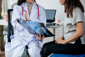 The doctor explain the old lady in retired life patient on lungs x-ray film and discuss treatment method to patient  in hospital nursing home aged care by using health and life insurance planning