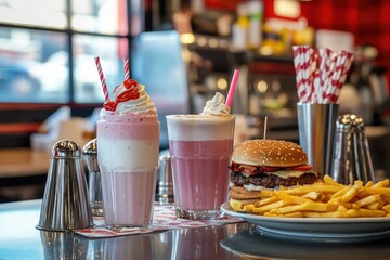 Classic American diner setting with milkshakes, burgers, and fries on the counter 