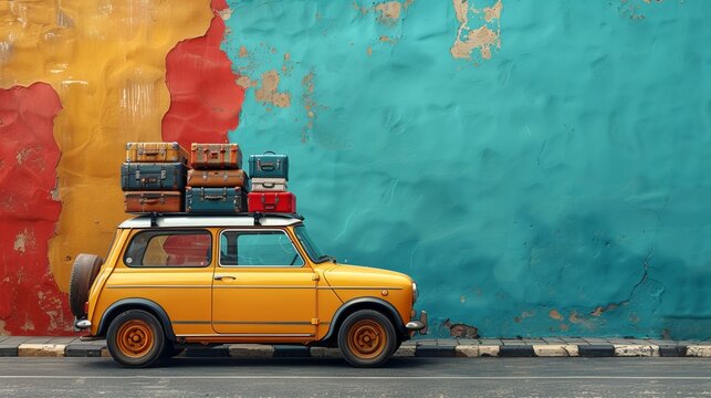 A cheerful yellow car adorned with a stack of luggage rests by a colorful wall, evoking the spirit of travel and adventure on a sunny day