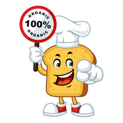 Smiling cartoon toast character wearing a chef hat and holding a sign that says '100% Organic.'