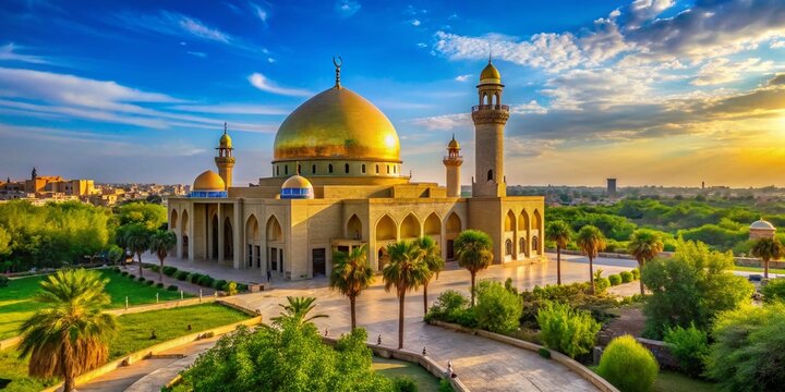 Vibrant golden-domed mosque stands majestic amidst lush greenery and blue skies in Amadiyah, emphasizing Islamic