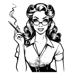 pin up girl secretary with glasses in minimalist line art style black vector