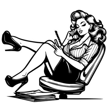 recommend clip art: pin up girl secretary vintage style line art black vector