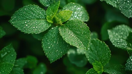 A close-up of fresh raindrops on green leaves, the natural light creating soft highlights and shadows.