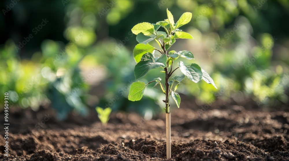 Poster close-up of a young tree with a small stake for support, being planted in a garden, highlighting the