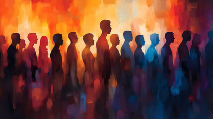 Silhouettes of people standing in a gradient of warm colors, symbolizing unity and diversity.
