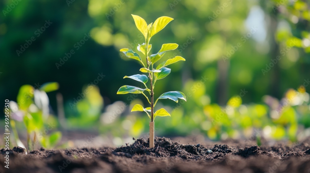 Poster close-up of a young tree with a small stake for support, being planted in a garden, highlighting the