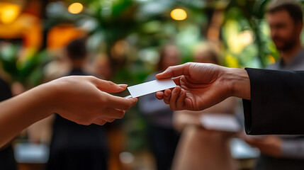 A woman is handing a white card to another woman