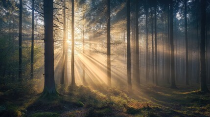 Obraz premium A serene forest scene at dawn, light rays piercing through misty trees, captured with natural light.