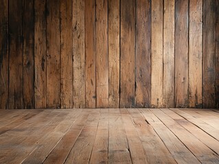 Naklejka premium A rustic wooden wall and floor create a warm, inviting atmosphere perfect for interior design and home decor projects.
