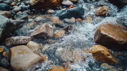 Fototapeta premium Crystal-clear water flowing over smooth stones in a mountain stream, natural light highlighting the textures and motion.