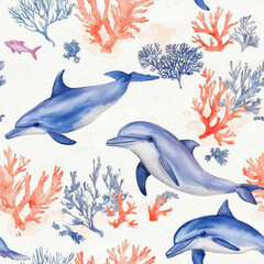 Fototapeta premium Watercolor Pattern of Dolphins and Coral Reefs Minimalist for a Tranquil Marine Theme