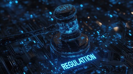 A digital gavel symbolizes regulation in a technological landscape.
