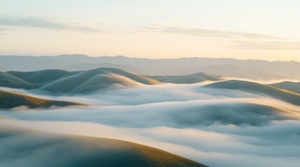Obraz premium Rolling hills covered in fog at sunrise, with soft, diffused natural light gently illuminating the landscape.