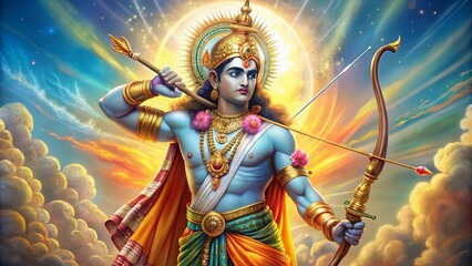 Vibrant illustration of Lord Rama, the deity of courage and wisdom, standing victorious with bow and arrow, surrounded