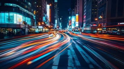 Fototapeta premium A dynamic stock photo of a busy city intersection at night, featuring light trails from moving cars and illuminated buildings.