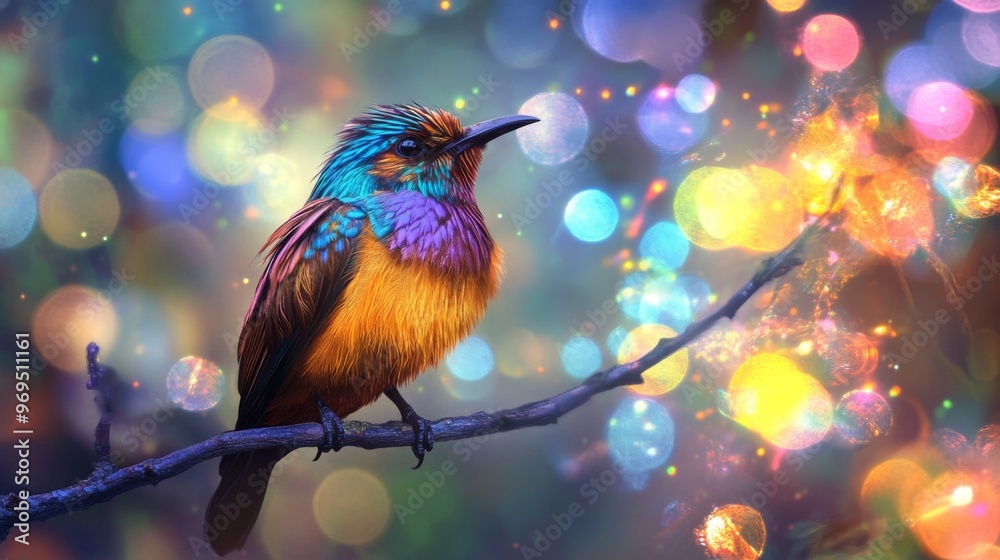 Poster Close-up of an elegant bird with striking feathers, perched on a branch, with a dazzling background of abstract lights creating a vibrant and artistic effect