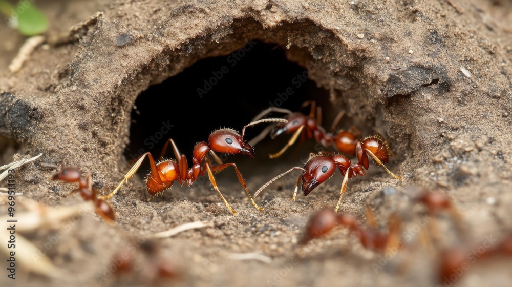 Poster Close-up of an ant nest with several ants emerging, focusing on the entrance and the busy activity of the ants as they move in and out.