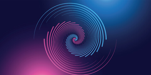 Abstract futuristic technology lines background with light effect. Glowing circle lines. Modern shiny blue and pink gradient geometric lines pattern. Horizontal banner template. Vector illustration