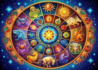 Obraz premium Vibrant, intricately designed illustration of the twelve zodiac symbols, including Aries, Taurus, Gemini, Cancer, Leo,