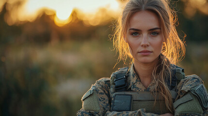 A young woman in military fatigues stares intently into the camera.