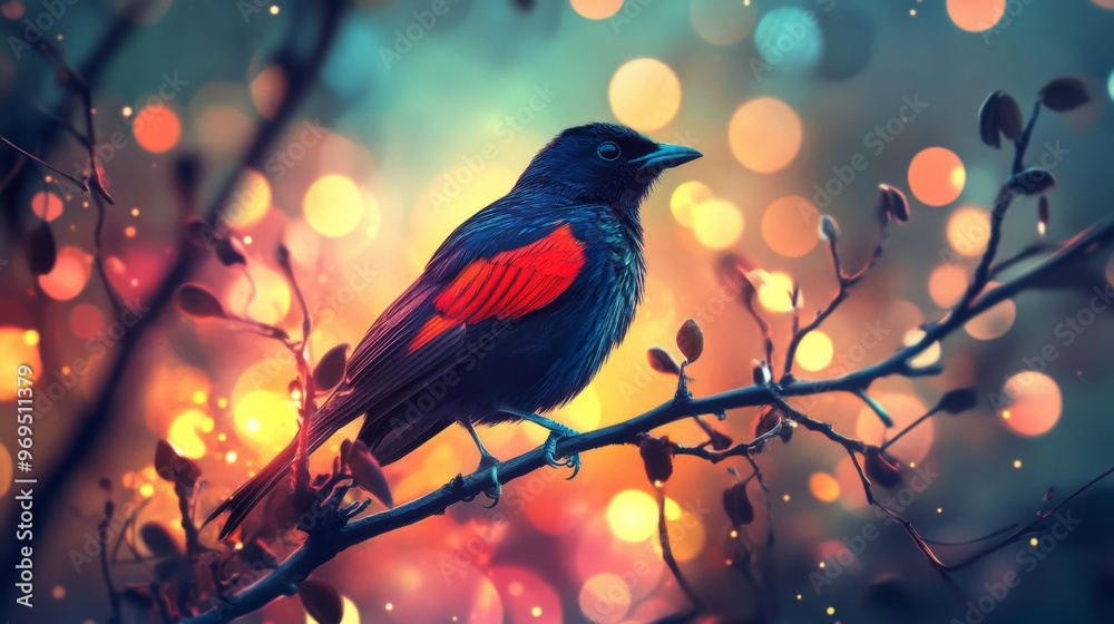 Poster Close-up of an elegant bird with striking feathers, perched on a branch, with a dazzling background of abstract lights creating a vibrant and artistic effect