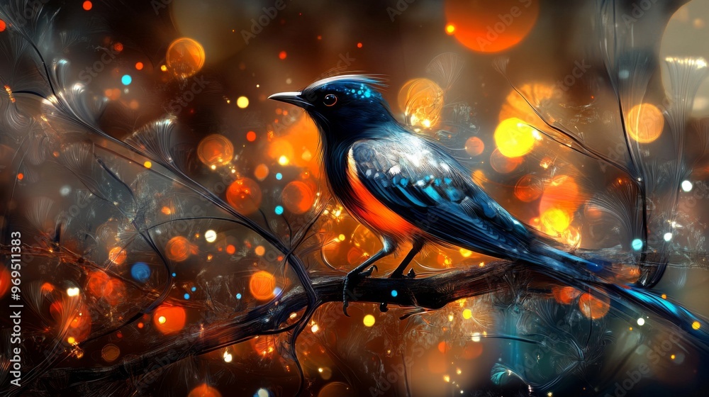Poster Close-up of an elegant bird with striking feathers, perched on a branch, with a dazzling background of abstract lights creating a vibrant and artistic effect