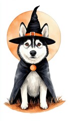 Husky in a witch costume standing on a spooky hill under the full moon, witch dog, majestic Halloween canine, watercolor illustration, cute animal, isolated on white background